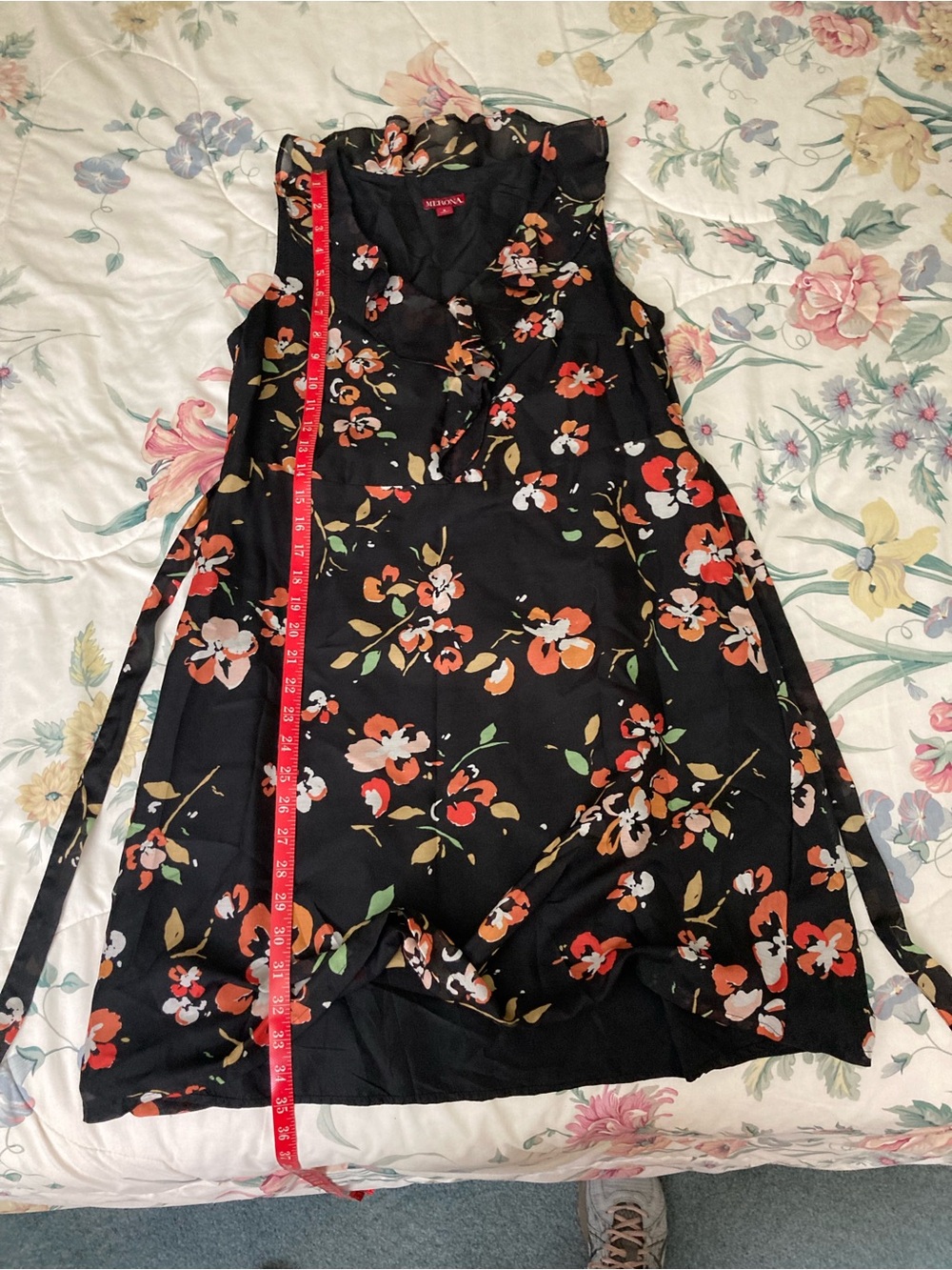 Merona Black Floral Midi Dress with Orange and White Blossoms